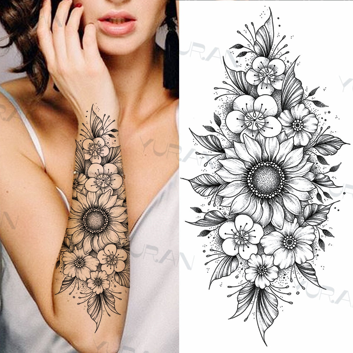 Black Large Snake Flower Fake Tattoo Sticker For Women Dot Rose Peony Temporary Tattoos DIY Water Transfer Tatoos Girls