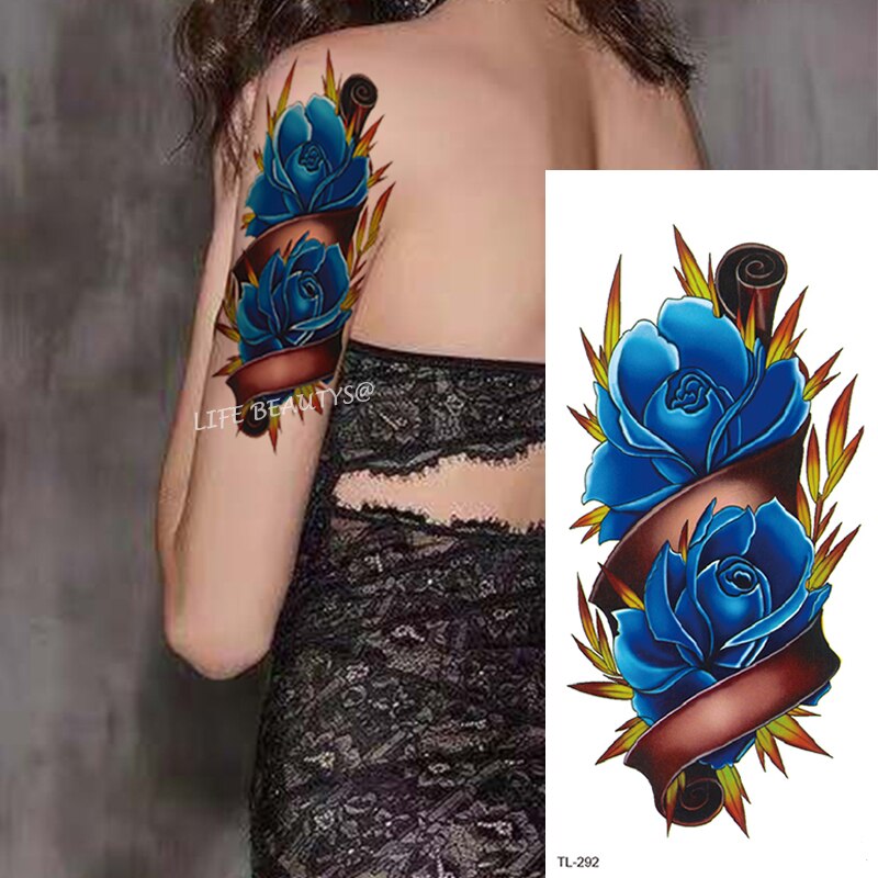 Beauty Flower Diamond Black Rose Waterproof Temporary Tattoo Body Art Arm Sleeve Water Transfer Fake Women Decoration Sticker