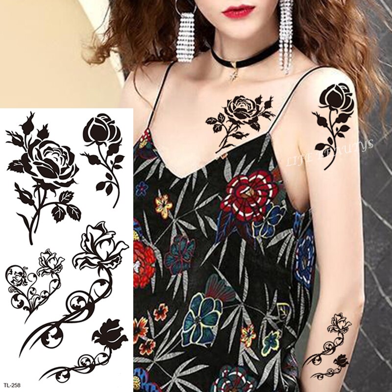 Beauty Flower Diamond Black Rose Waterproof Temporary Tattoo Body Art Arm Sleeve Water Transfer Fake Women Decoration Sticker