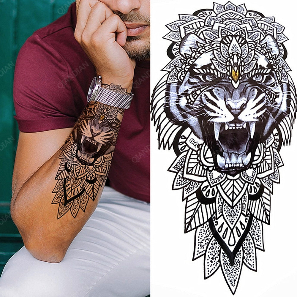 1pc Lion Men Waterproof Temporary Tattoos Fake Stickers Arm Hand Cool Art Black Transfer Clock