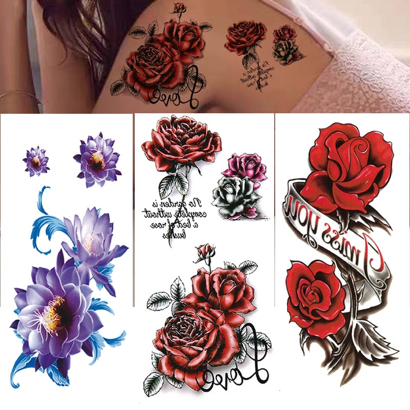 3Pcs Waterproof Temporary Tattoo Sticker Flower Rose Flash Butterfly Lace Lady Body Art Arm Fashion Fake Sleeve Women Tattoos