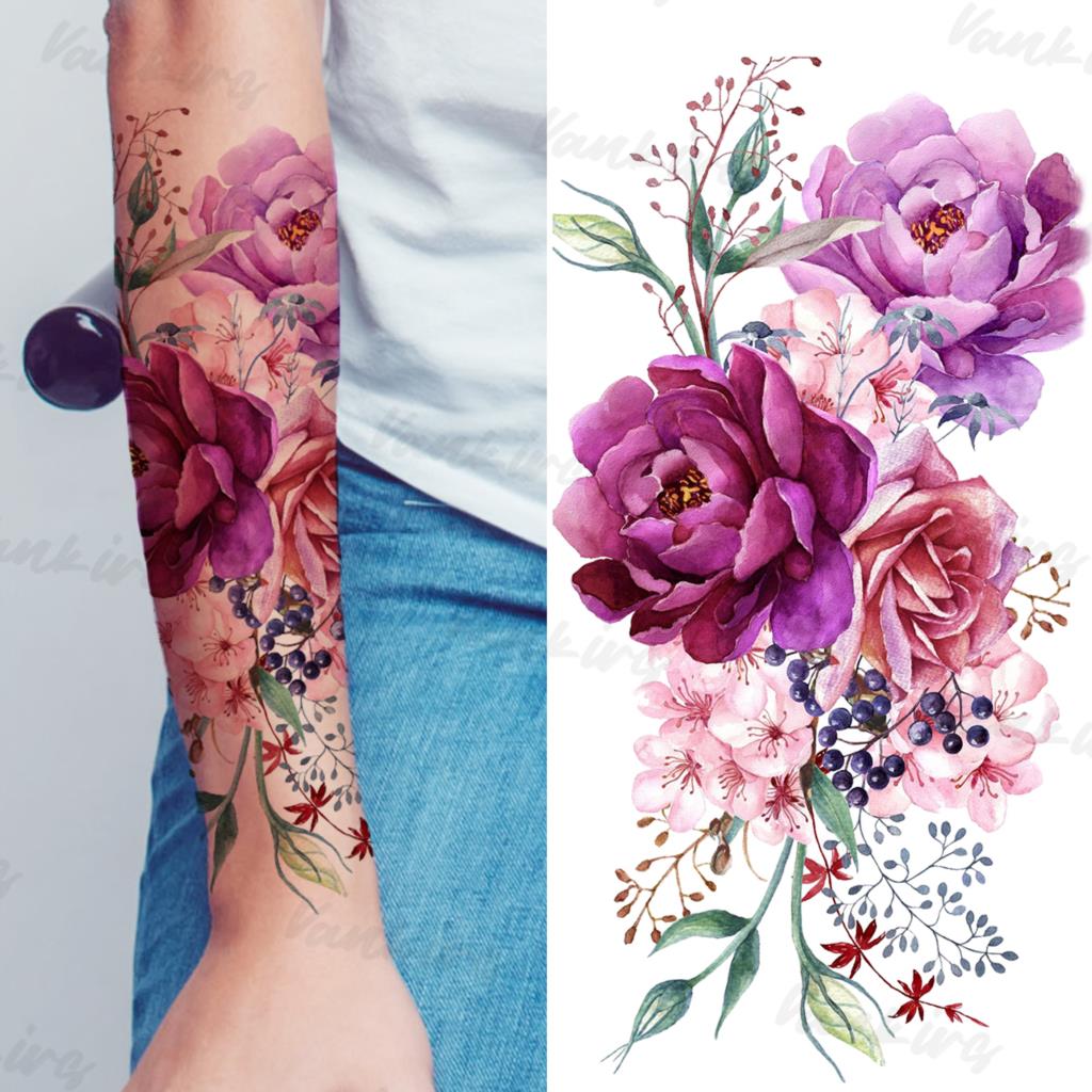 Colorful Flower Temporary Tattoos For Women Girls Realistic Lavender Butterfly Flower Fake Tattoo Sticker Forearm Body Tatoos 3D