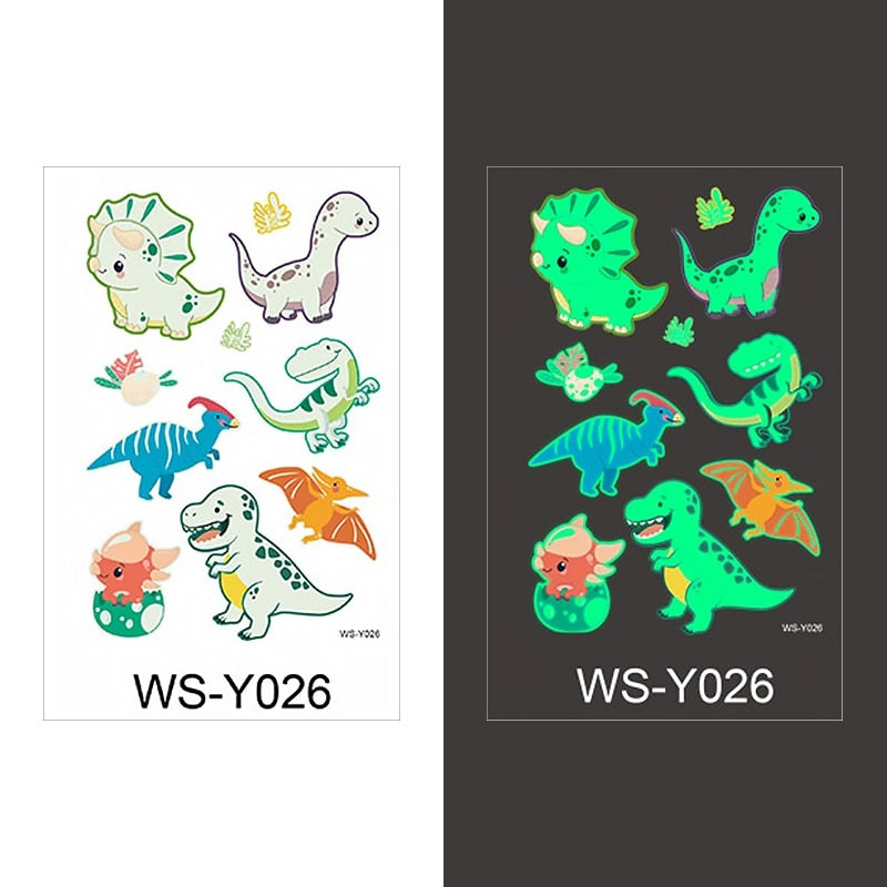 Luminous Tattoo Sticker Children Arm Face Glowing Tattoo Children Body Art Tattoo Dinosaur Pirate Unicorn Mermaid Tattoo Cartoon