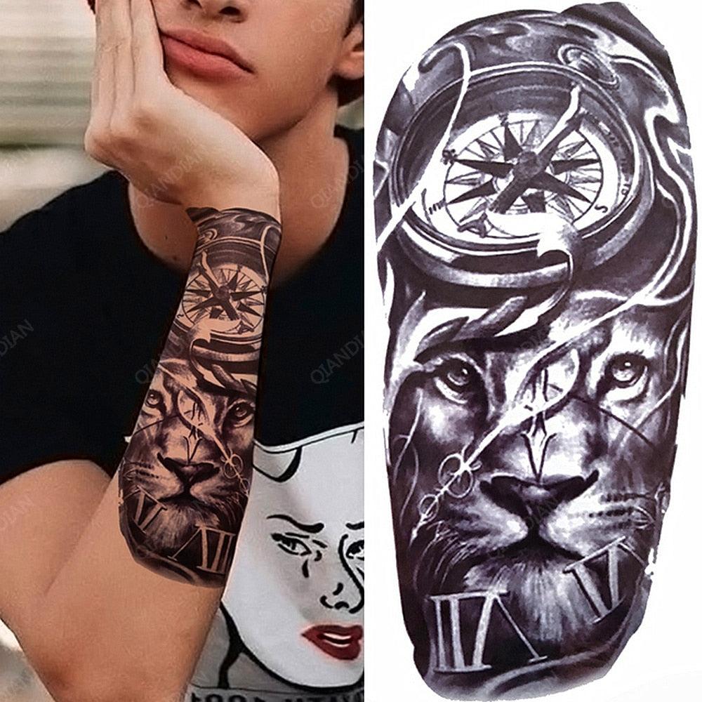 1pc Lion Men Waterproof Temporary Tattoos Fake Stickers Arm Hand Cool Art Black Transfer Clock