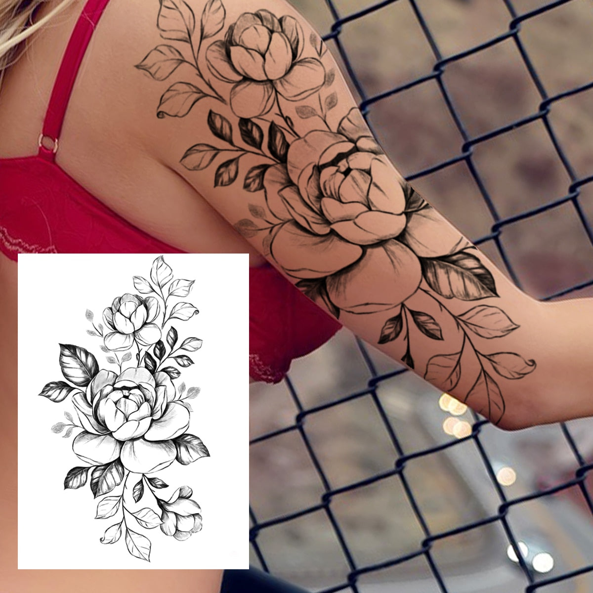 3D Watercolour Flower Temporary Tattoo For Women Girls Fake Peony Rose Tattoo Sticker Butterfly Lace Sweatpea Flora Tatoos Leg