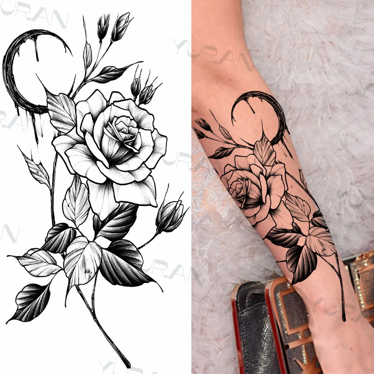 Sexy Black Flower Butterfly Temporary Tattoos For Women Thigh Men Fake Moon Rose Compass Fake Tatoos Forearm Tattoo Stickers