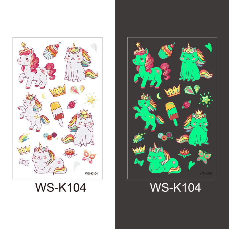 Luminous Tattoo Sticker Children Arm Face Glowing Tattoo Children Body Art Tattoo Dinosaur Pirate Unicorn Mermaid Tattoo Cartoon