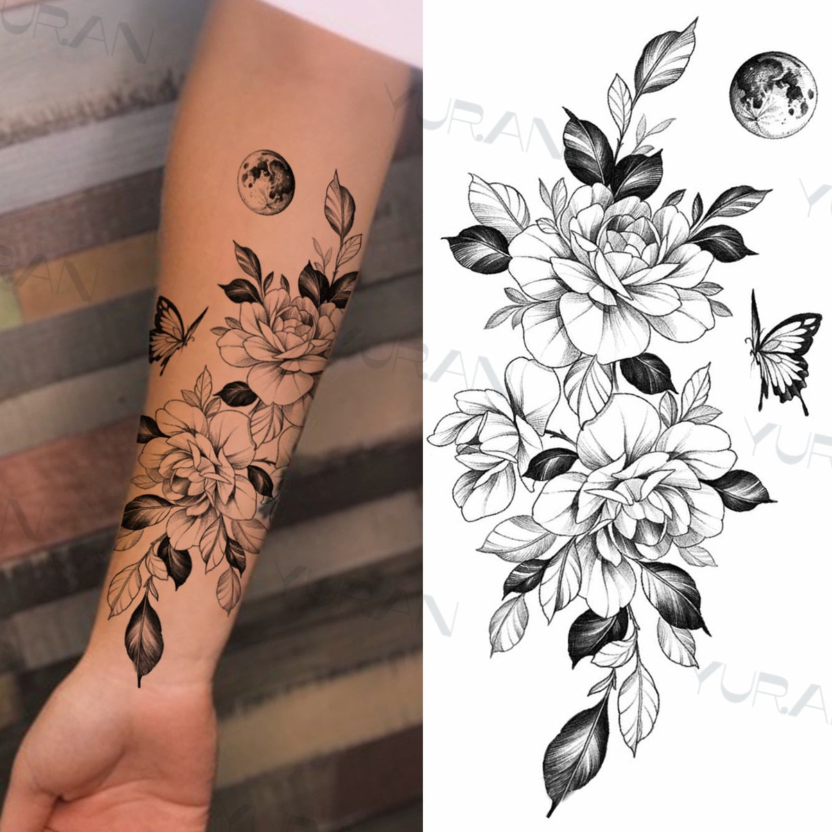 Sexy Black Flower Butterfly Temporary Tattoos For Women Thigh Men Fake Moon Rose Compass Fake Tatoos Forearm Tattoo Stickers