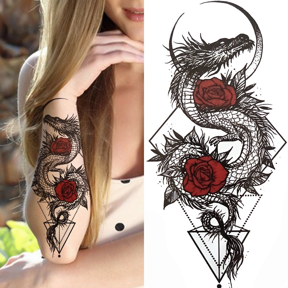 3D Black Flower Temporary Tattoos For Women Rose Peony Lotus Tattoo Sticker Fake Jewelry Chains Geometric Triangle Tatoo Decal