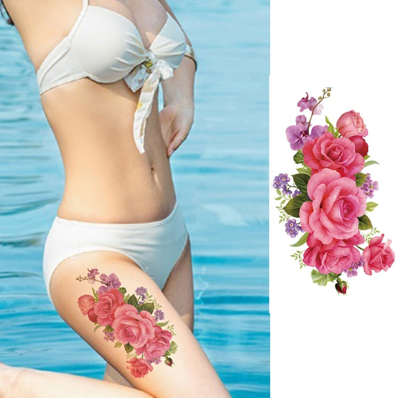 Beauty Flower Diamond Black Rose Waterproof Temporary Tattoo Body Art Arm Sleeve Water Transfer Fake Women Decoration Sticker