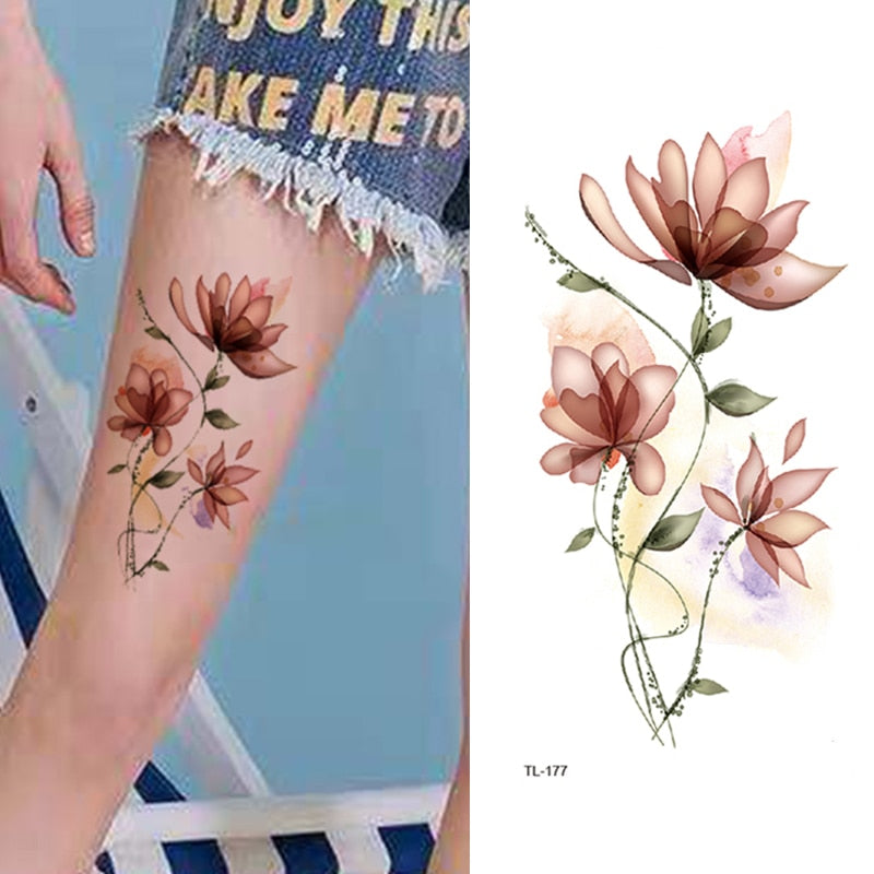 Beauty Flower Diamond Black Rose Waterproof Temporary Tattoo Body Art Arm Sleeve Water Transfer Fake Women Decoration Sticker