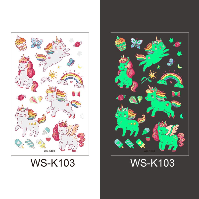 Luminous Tattoo Sticker Children Arm Face Glowing Tattoo Children Body Art Tattoo Dinosaur Pirate Unicorn Mermaid Tattoo Cartoon