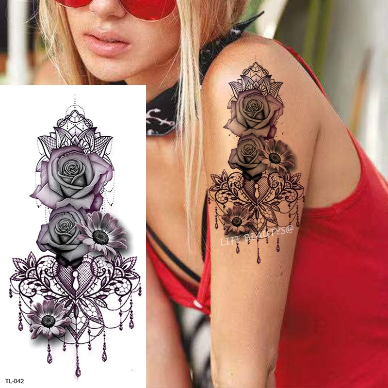 Beauty Flower Diamond Black Rose Waterproof Temporary Tattoo Body Art Arm Sleeve Water Transfer Fake Women Decoration Sticker