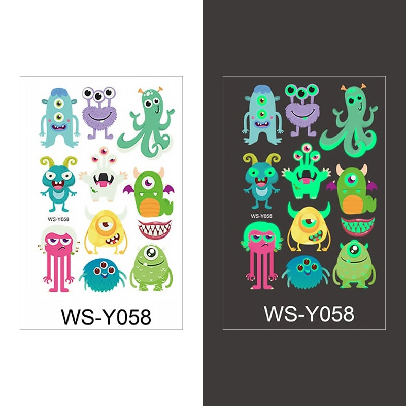 Luminous Tattoo Sticker Children Arm Face Glowing Tattoo Children Body Art Tattoo Dinosaur Pirate Unicorn Mermaid Tattoo Cartoon