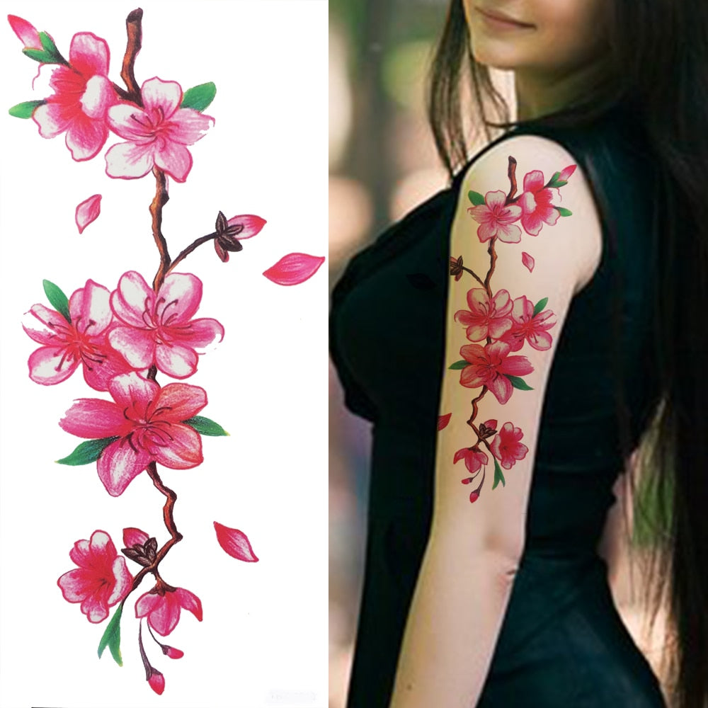 Purple Rose Flower Temporary Tattoos For Women Girl Fake Peony Orchid Carnations Tattoo Sticker 3D Blossom Tatoos Watercolour