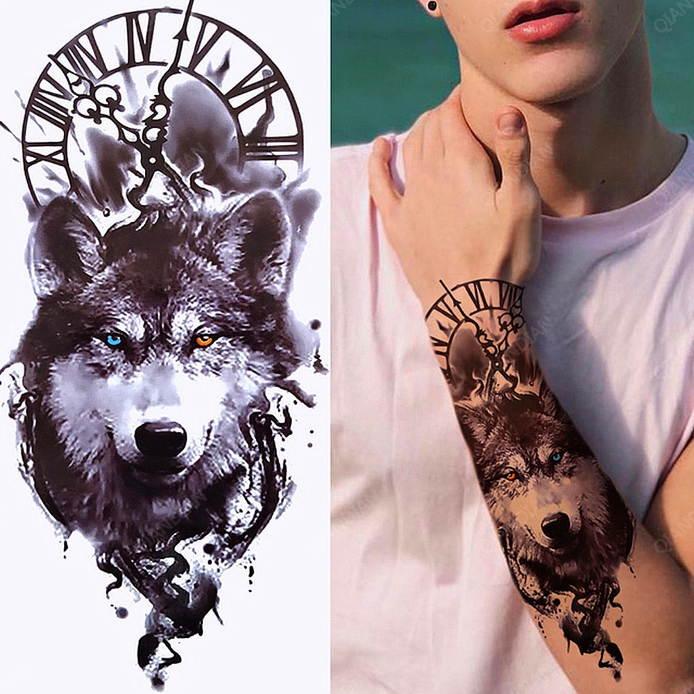 1pc Lion Men Waterproof Temporary Tattoos Fake Stickers Arm Hand Cool Art Black Transfer Clock