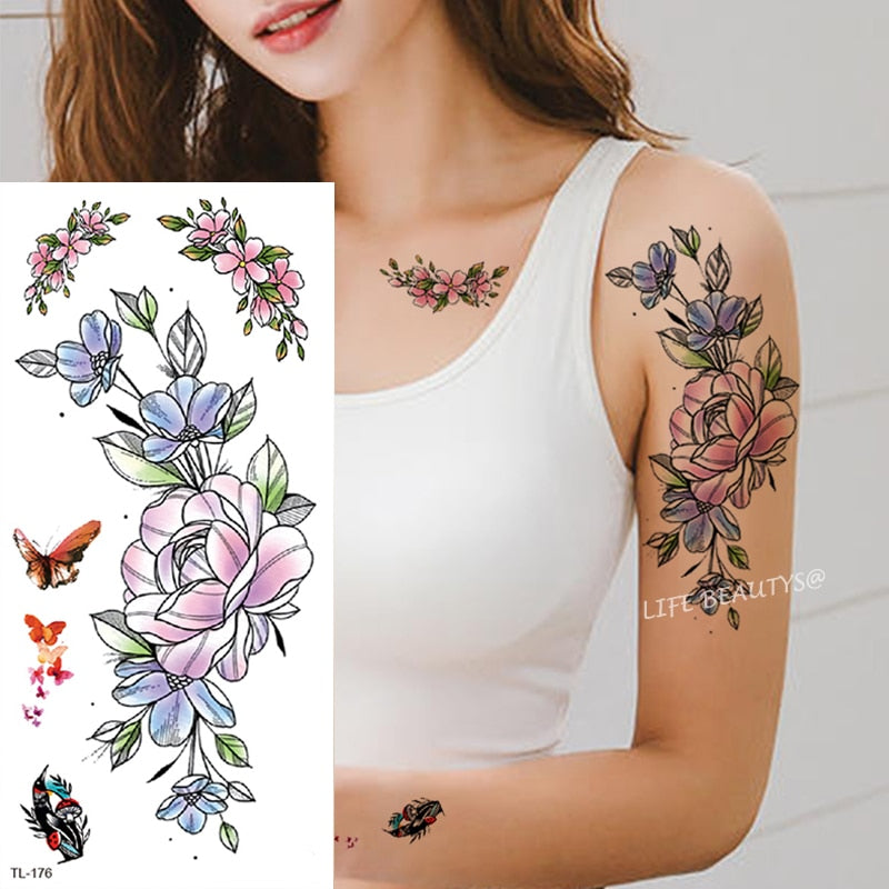 Beauty Flower Diamond Black Rose Waterproof Temporary Tattoo Body Art Arm Sleeve Water Transfer Fake Women Decoration Sticker