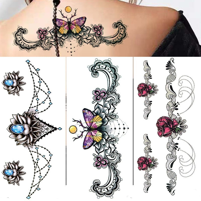 3Pcs Waterproof Temporary Tattoo Sticker Flower Rose Flash Butterfly Lace Lady Body Art Arm Fashion Fake Sleeve Women Tattoos