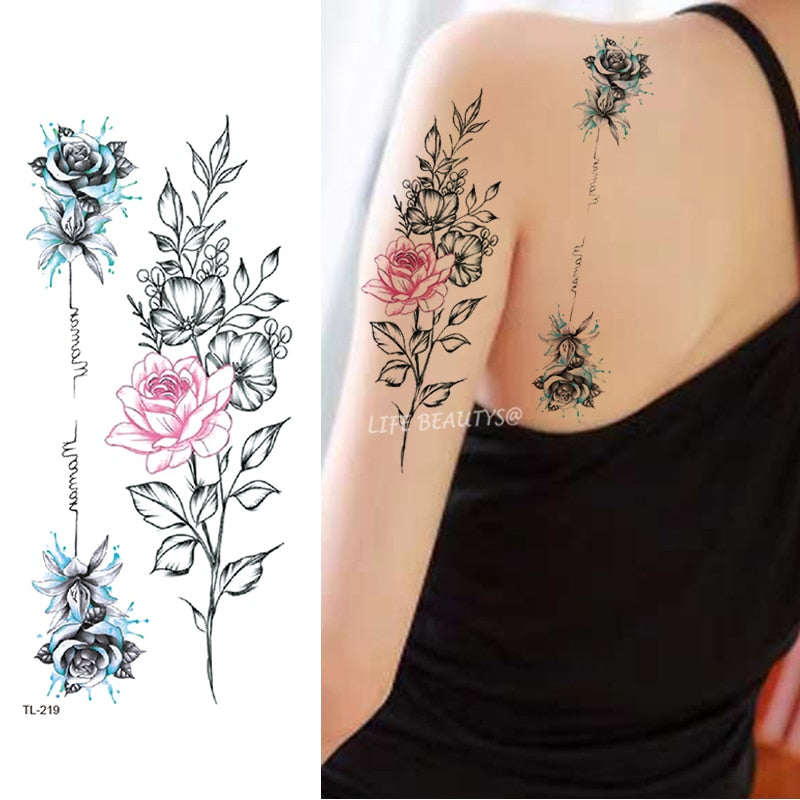 Beauty Flower Diamond Black Rose Waterproof Temporary Tattoo Body Art Arm Sleeve Water Transfer Fake Women Decoration Sticker