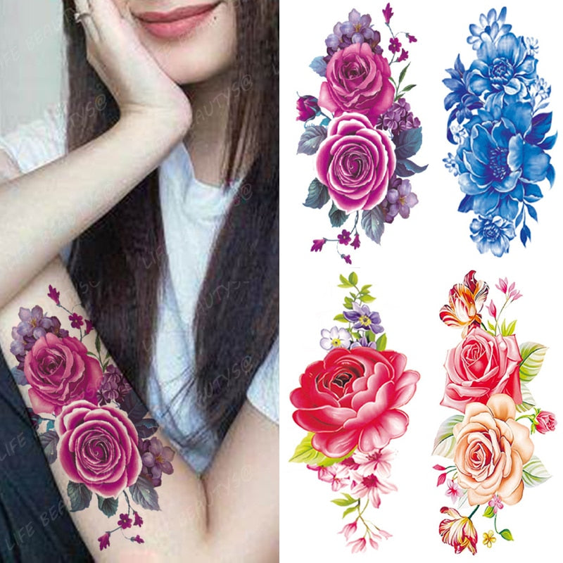 Waterproof Temporary Flower Tattoos Women Fashion Beauty Rose Butterfly Flash 3D Fake Tattoo Arm Sleeve Pink Blue Sticker Girl