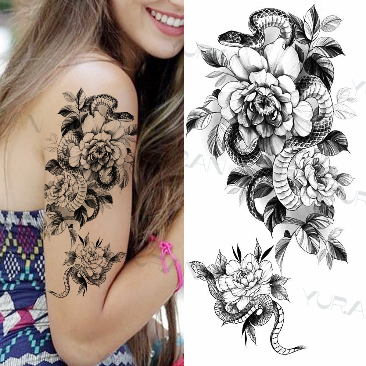 Sexy Black Flower Butterfly Temporary Tattoos For Women Thigh Men Fake Moon Rose Compass Fake Tatoos Forearm Tattoo Stickers