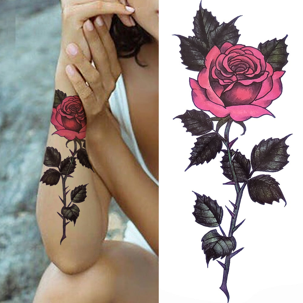 3D Black Flower Temporary Tattoos For Women Rose Peony Lotus Tattoo Sticker Fake Jewelry Chains Geometric Triangle Tatoo Decal