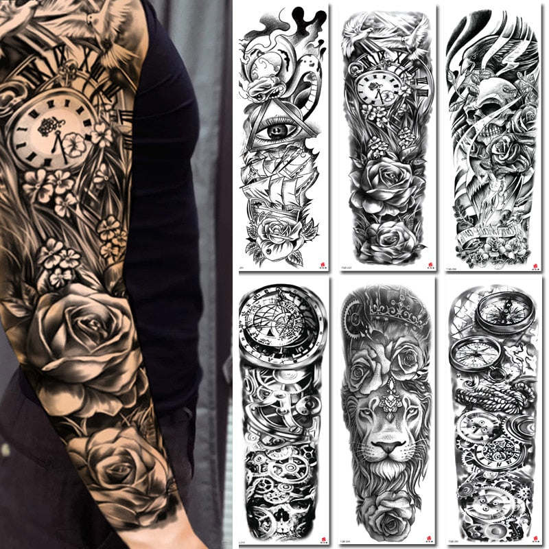 Big Arm Sleeve Tattoo Lion Wolf Skull Waterproof Long-lasting Temporary Tattoo Sticker Body Art Fake Fake Tattoo Women Men