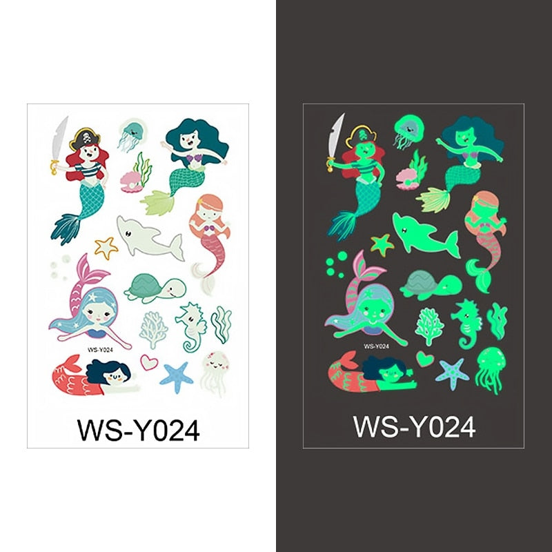 Luminous Tattoo Sticker Children Arm Face Glowing Tattoo Children Body Art Tattoo Dinosaur Pirate Unicorn Mermaid Tattoo Cartoon