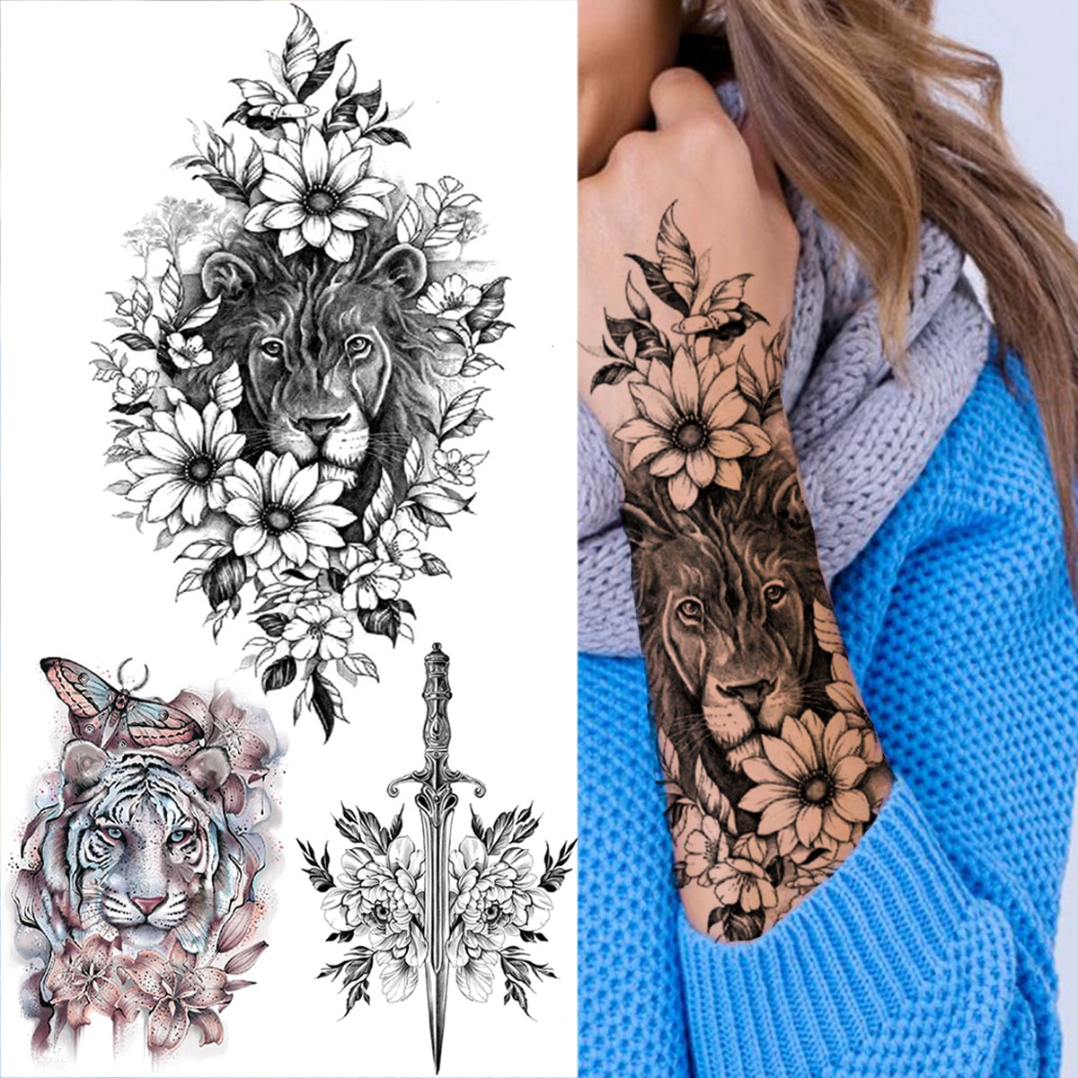 Realistic Daffodil Flower Lion Temporary Tattoos For Women Men Adult Tiger Butterfly Sword Fake Tattoo Sticker Arm Foot Tatoos