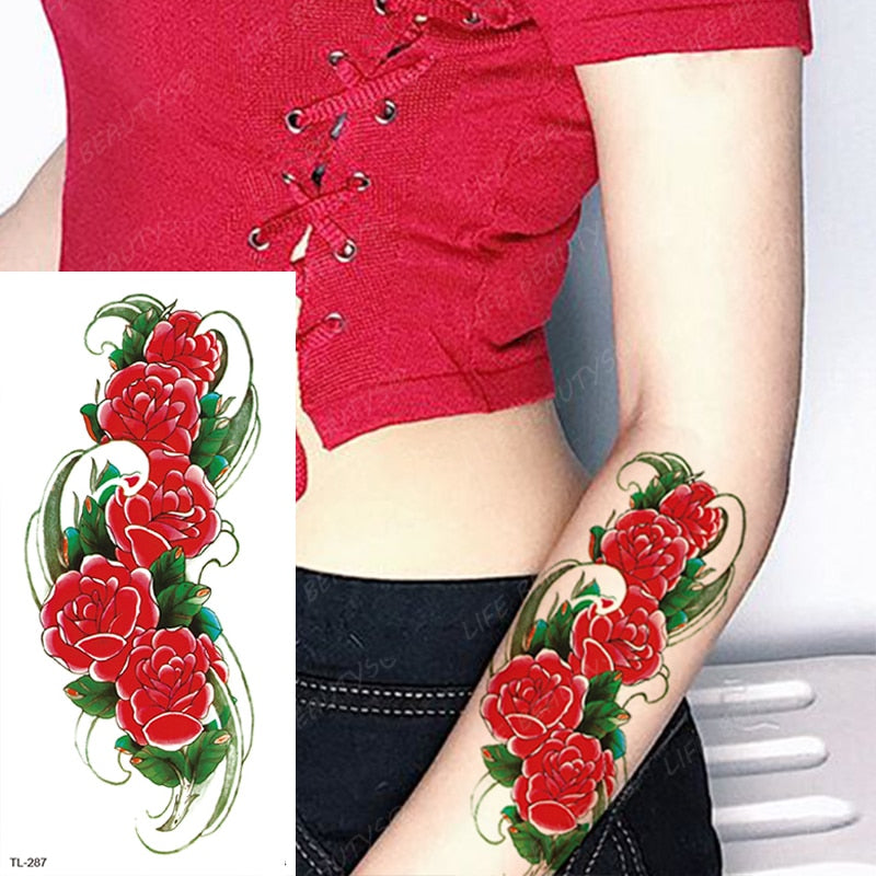 Beauty Flower Diamond Black Rose Waterproof Temporary Tattoo Body Art Arm Sleeve Water Transfer Fake Women Decoration Sticker