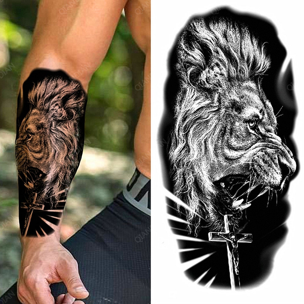 1pc Lion Men Waterproof Temporary Tattoos Fake Stickers Arm Hand Cool Art Black Transfer Clock