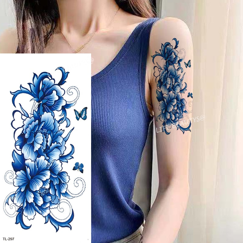 Beauty Flower Diamond Black Rose Waterproof Temporary Tattoo Body Art Arm Sleeve Water Transfer Fake Women Decoration Sticker