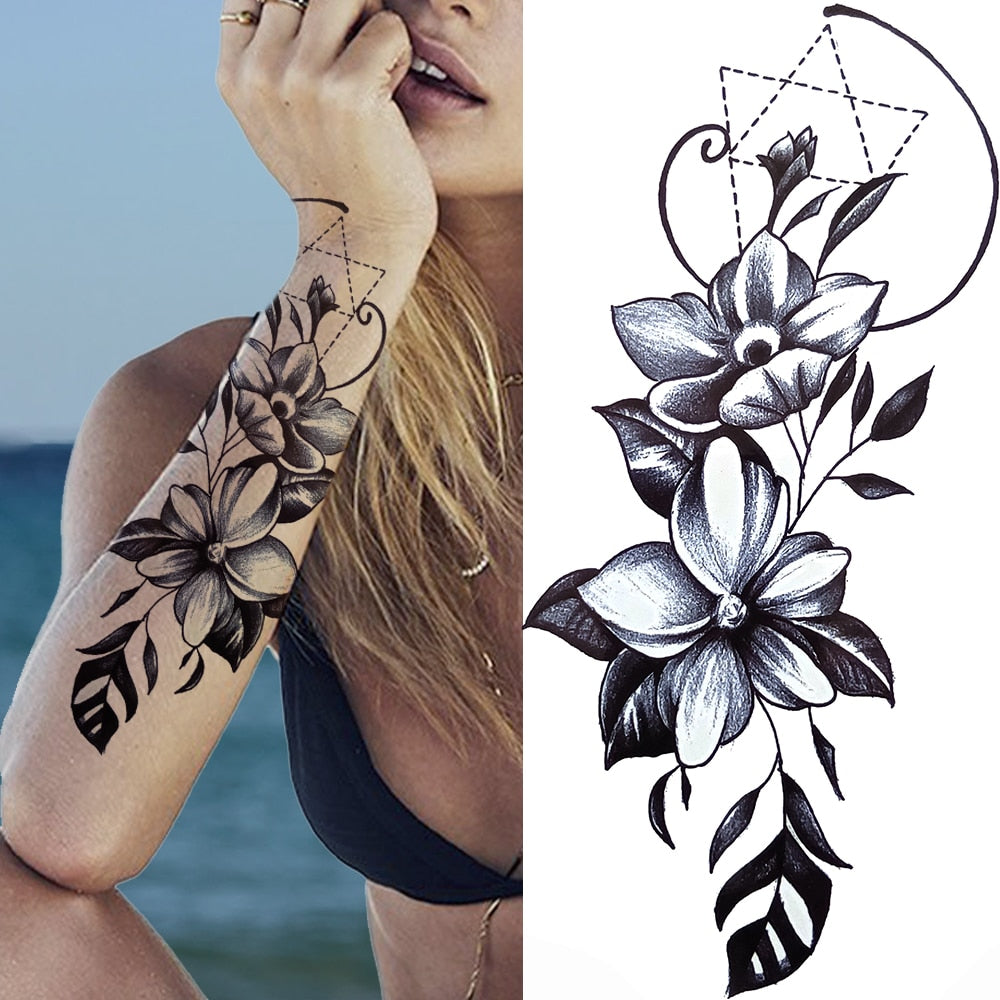 3D Black Flower Temporary Tattoos For Women Rose Peony Lotus Tattoo Sticker Fake Jewelry Chains Geometric Triangle Tatoo Decal