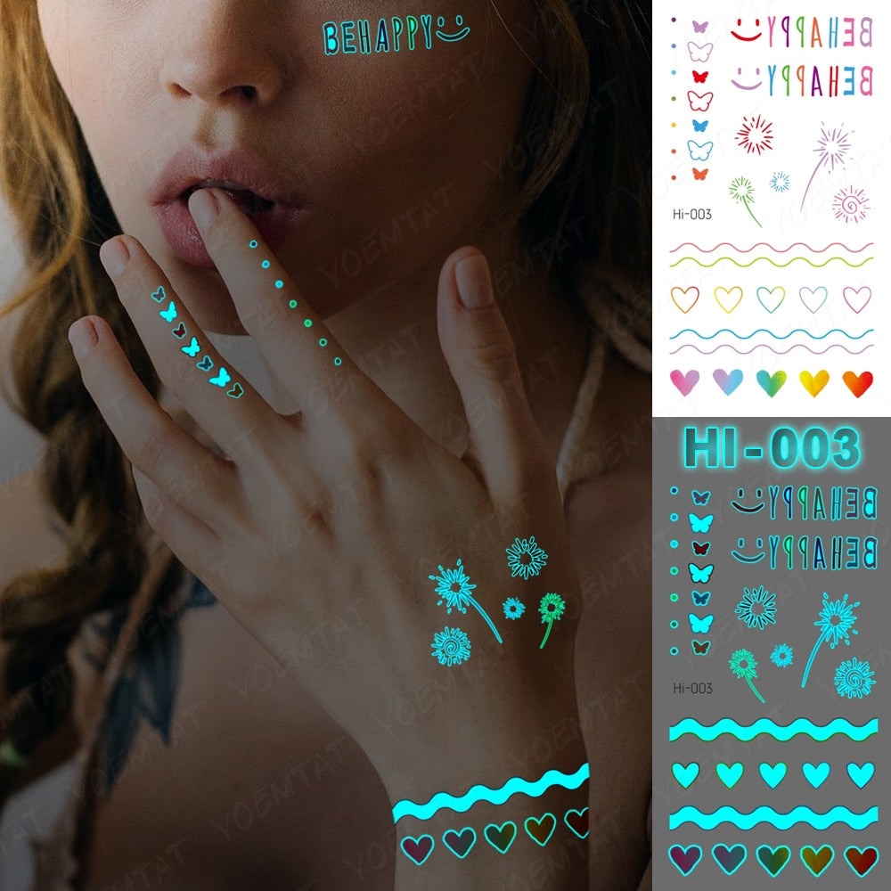 Blue Luminous Glow Tattoo Sticker Cute Geometry Waterproof Temporary Tatoo Small Finger Wrist Fake Tatto For Body Art Women Men