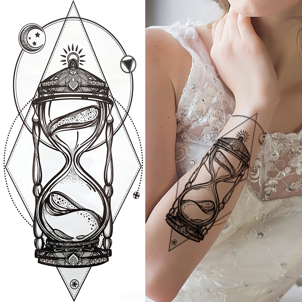 3D Black Flower Temporary Tattoos For Women Rose Peony Lotus Tattoo Sticker Fake Jewelry Chains Geometric Triangle Tatoo Decal