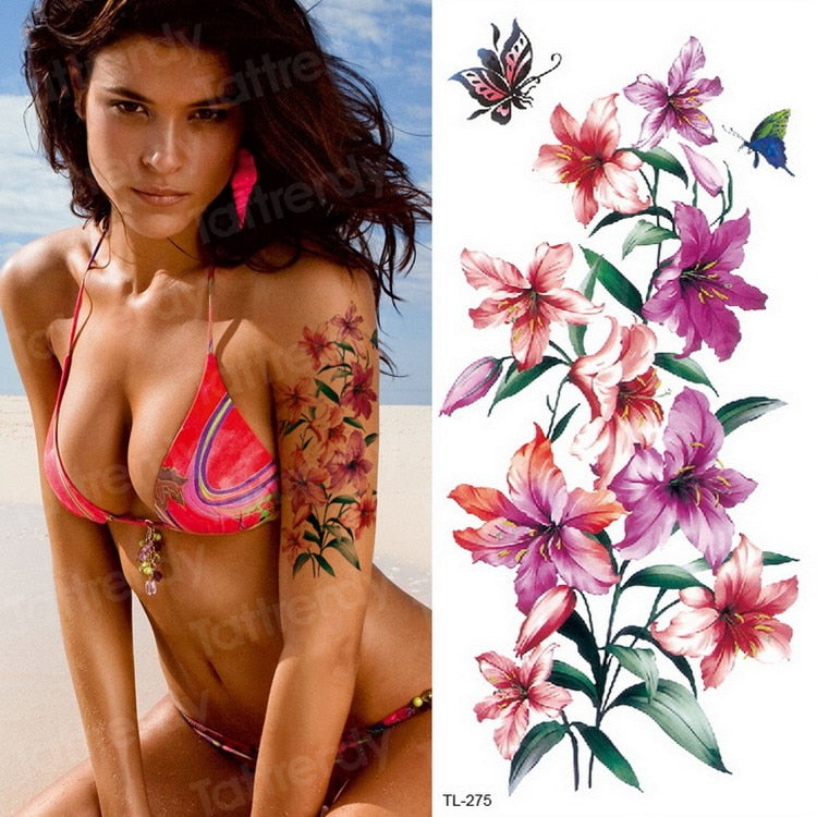 purple flower tattoos waterproof sexy tattoo for women girls peony rose lotus flower tattoo and body art fashion stickers bikini