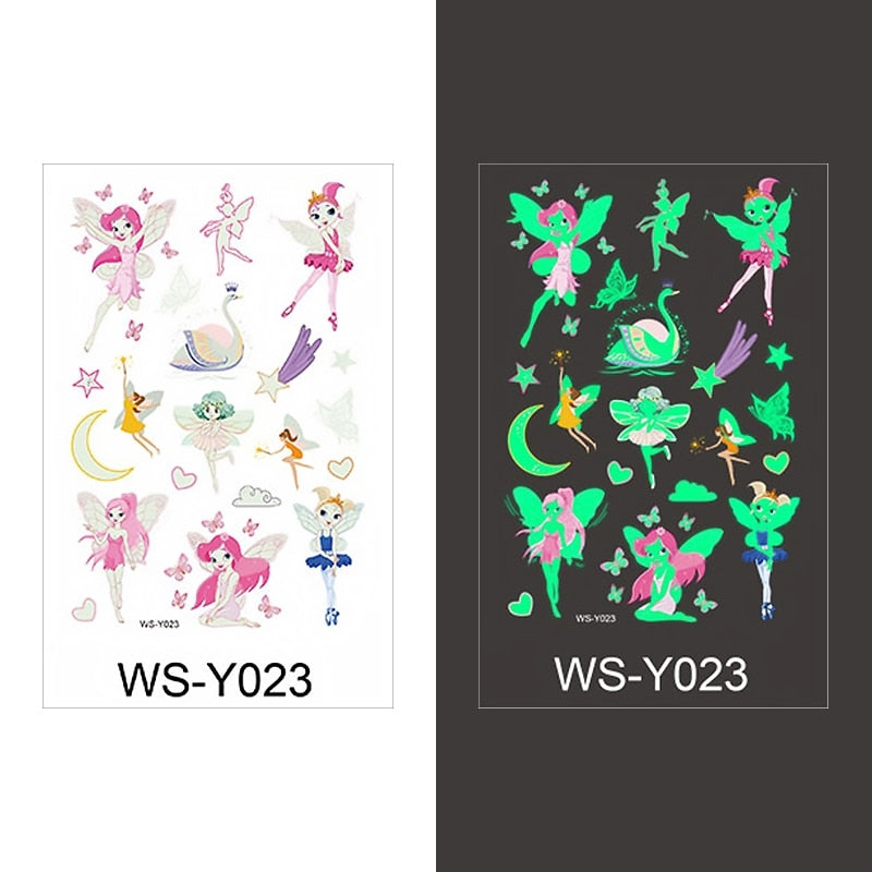 Luminous Tattoo Sticker Children Arm Face Glowing Tattoo Children Body Art Tattoo Dinosaur Pirate Unicorn Mermaid Tattoo Cartoon