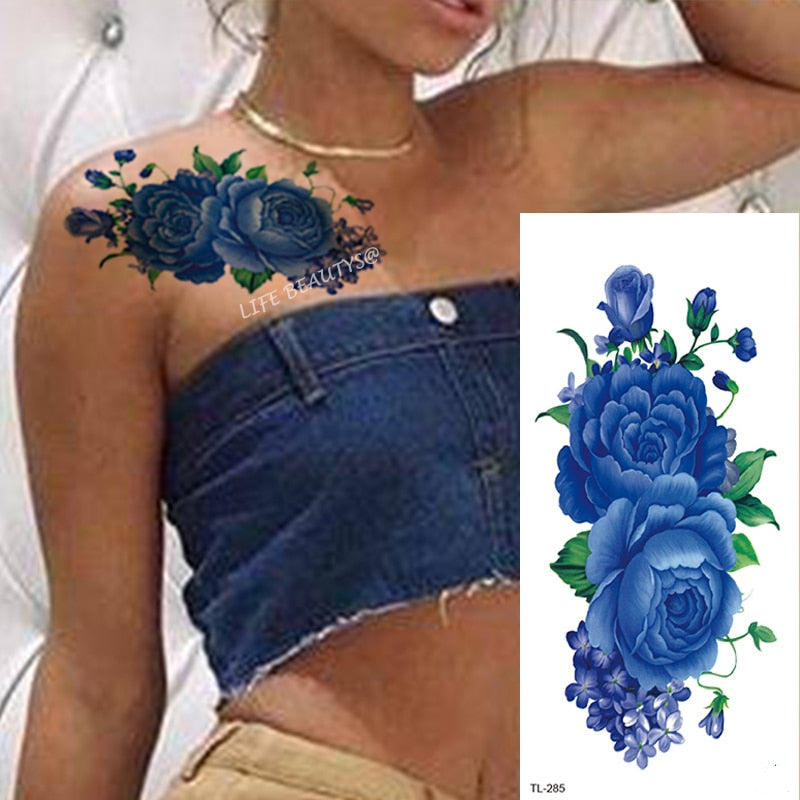 Beauty Flower Diamond Black Rose Waterproof Temporary Tattoo Body Art Arm Sleeve Water Transfer Fake Women Decoration Sticker