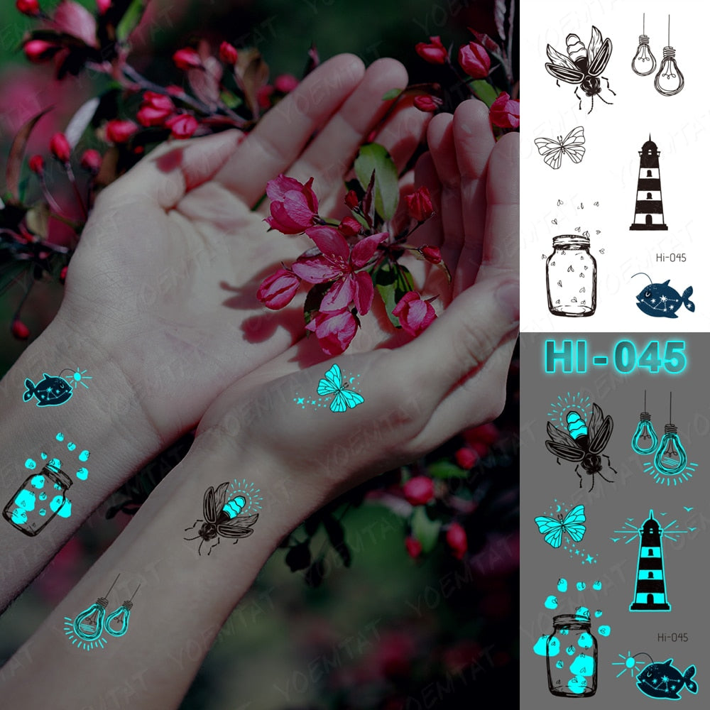 Blue Luminous Glow Tattoo Sticker Cute Geometry Waterproof Temporary Tatoo Small Finger Wrist Fake Tatto For Body Art Women Men