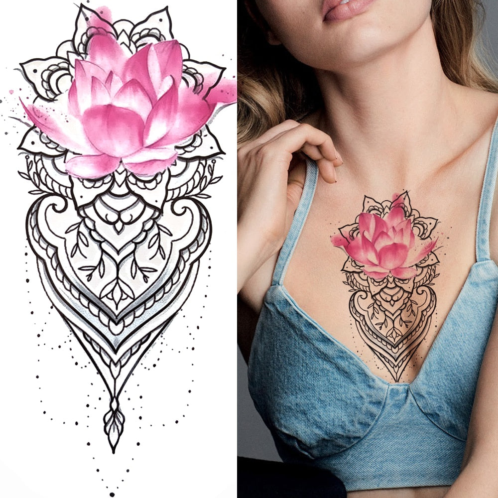 3D Black Flower Temporary Tattoos For Women Rose Peony Lotus Tattoo Sticker Fake Jewelry Chains Geometric Triangle Tatoo Decal