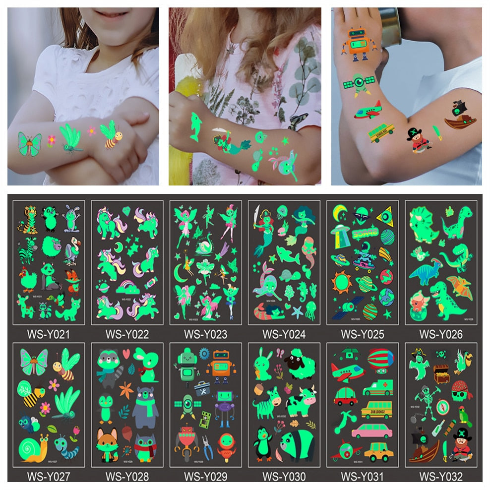 Luminous Tattoo Sticker Children Arm Face Glowing Tattoo Children Body Art Tattoo Dinosaur Pirate Unicorn Mermaid Tattoo Cartoon