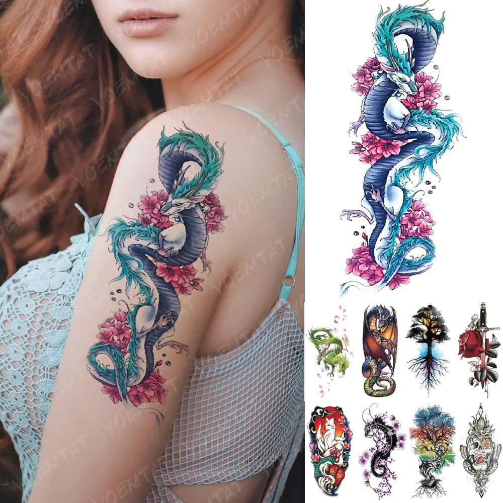 Waterproof Temporary Tattoo Sticker Blue Ice Dragon Plum Blossom Flash Tattoos Family Tree Fox Body Art Arm Fake Tatoo Women Men