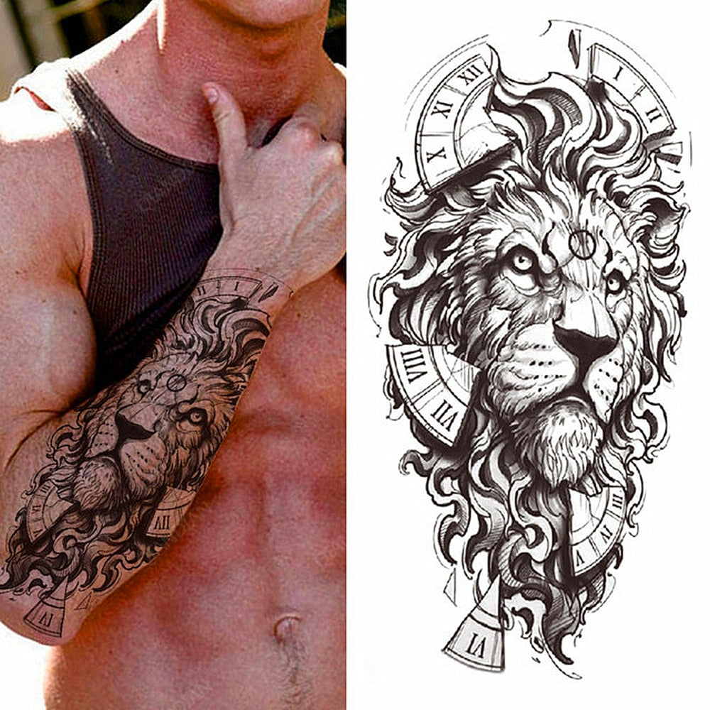 1pc Lion Men Waterproof Temporary Tattoos Fake Stickers Arm Hand Cool Art Black Transfer Clock