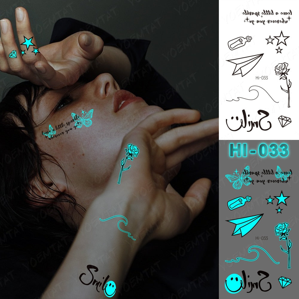 Blue Luminous Glow Tattoo Sticker Cute Geometry Waterproof Temporary Tatoo Small Finger Wrist Fake Tatto For Body Art Women Men