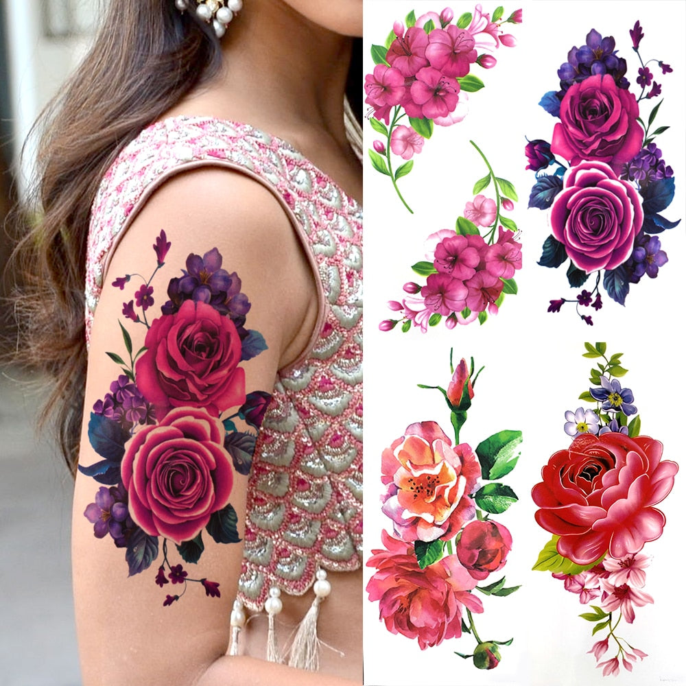 Purple Rose Flower Temporary Tattoos For Women Girl Fake Peony Orchid Carnations Tattoo Sticker 3D Blossom Tatoos Watercolour