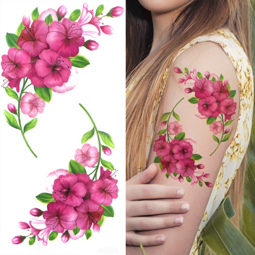 Purple Rose Flower Temporary Tattoos For Women Girl Fake Peony Orchid Carnations Tattoo Sticker 3D Blossom Tatoos Watercolour