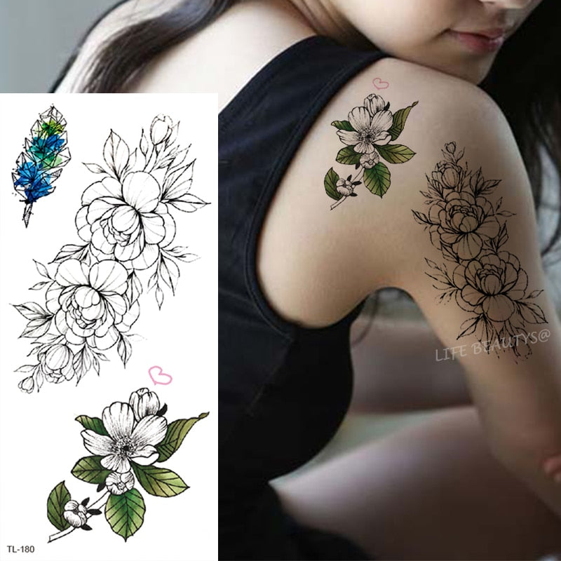 Beauty Flower Diamond Black Rose Waterproof Temporary Tattoo Body Art Arm Sleeve Water Transfer Fake Women Decoration Sticker