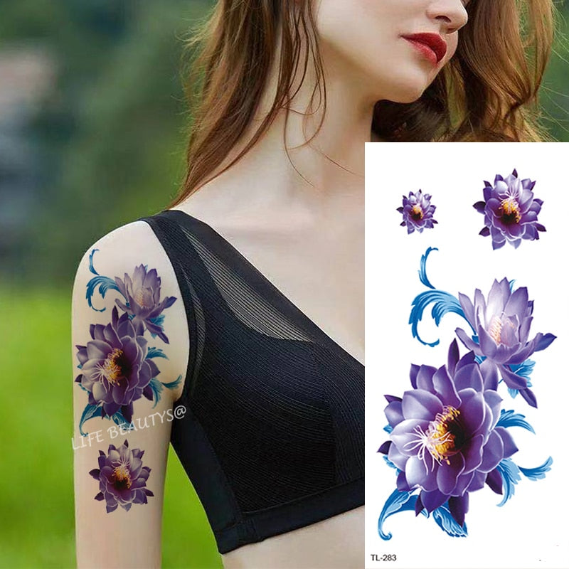 Beauty Flower Diamond Black Rose Waterproof Temporary Tattoo Body Art Arm Sleeve Water Transfer Fake Women Decoration Sticker