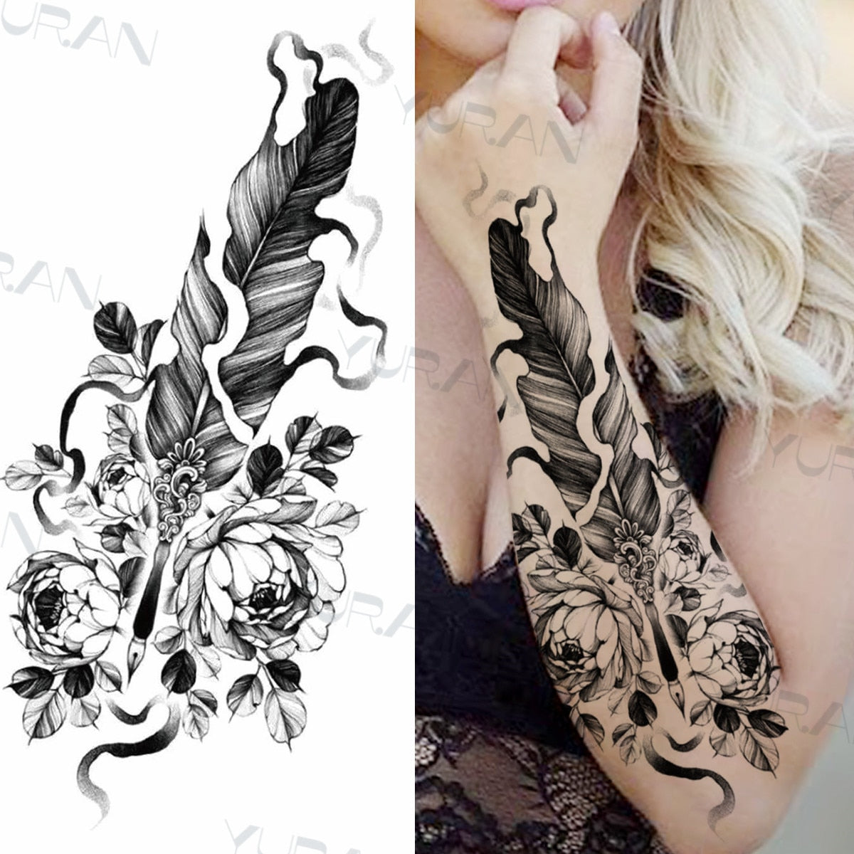 Sexy Black Flower Butterfly Temporary Tattoos For Women Thigh Men Fake Moon Rose Compass Fake Tatoos Forearm Tattoo Stickers