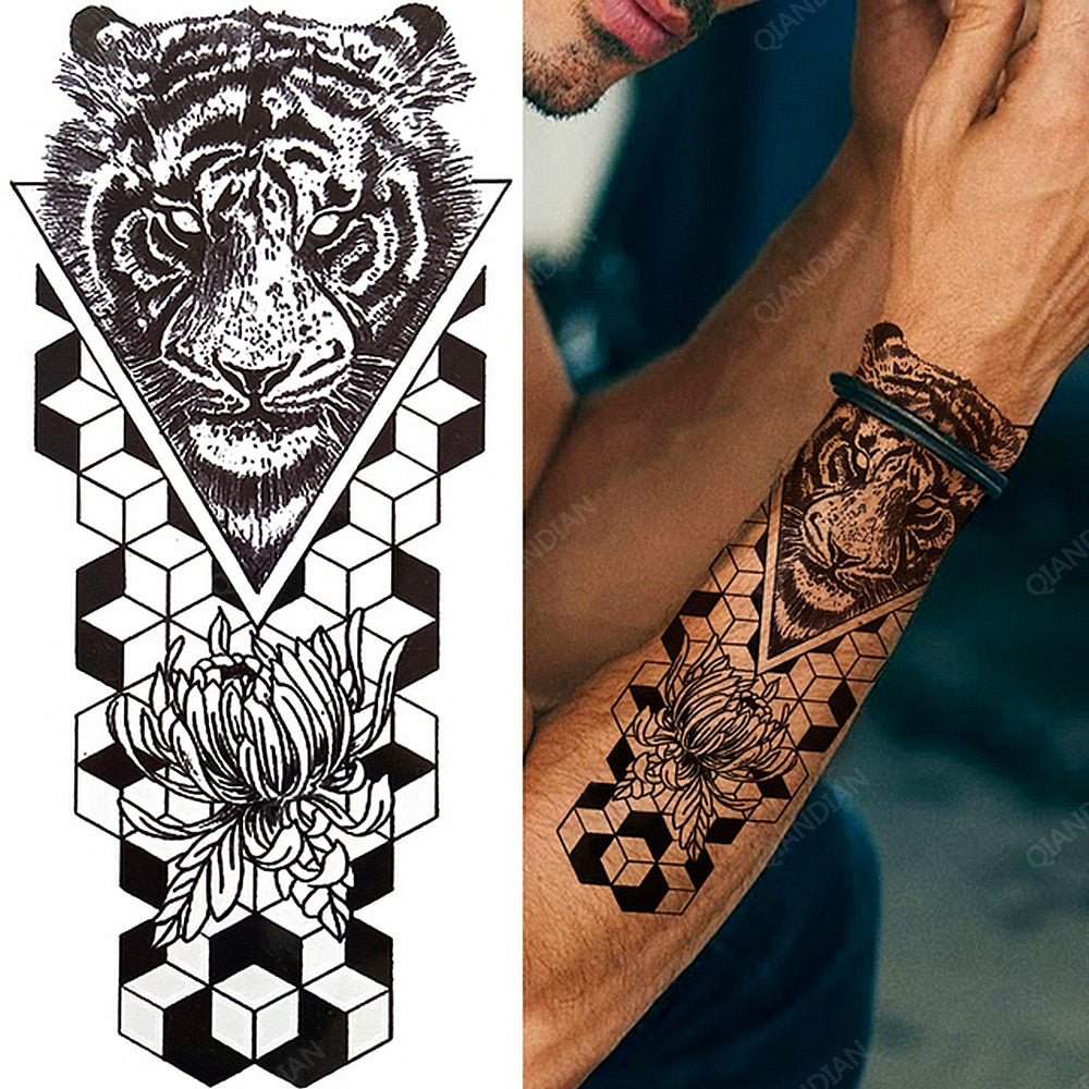 1pc Lion Men Waterproof Temporary Tattoos Fake Stickers Arm Hand Cool Art Black Transfer Clock